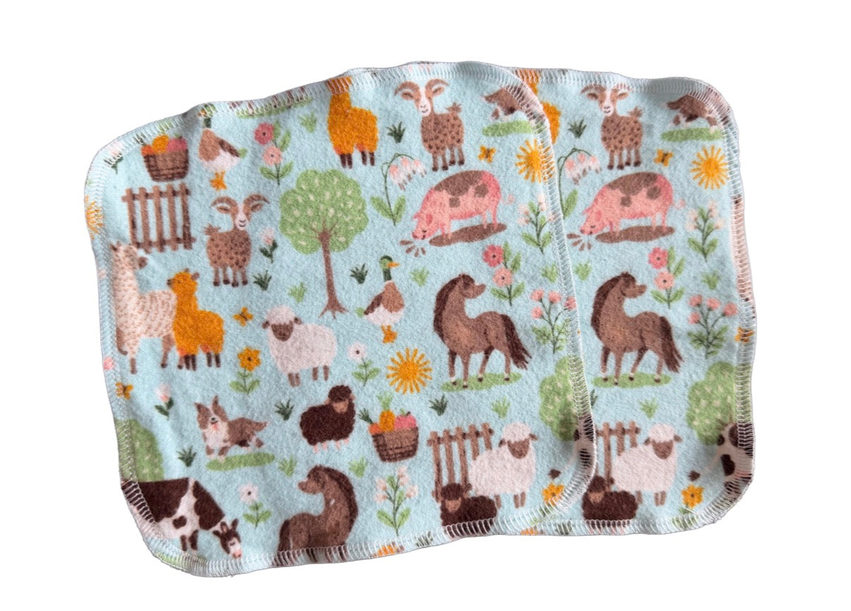 Set of 2 Cute Farm 9x9 2ply flannel cloth wipes