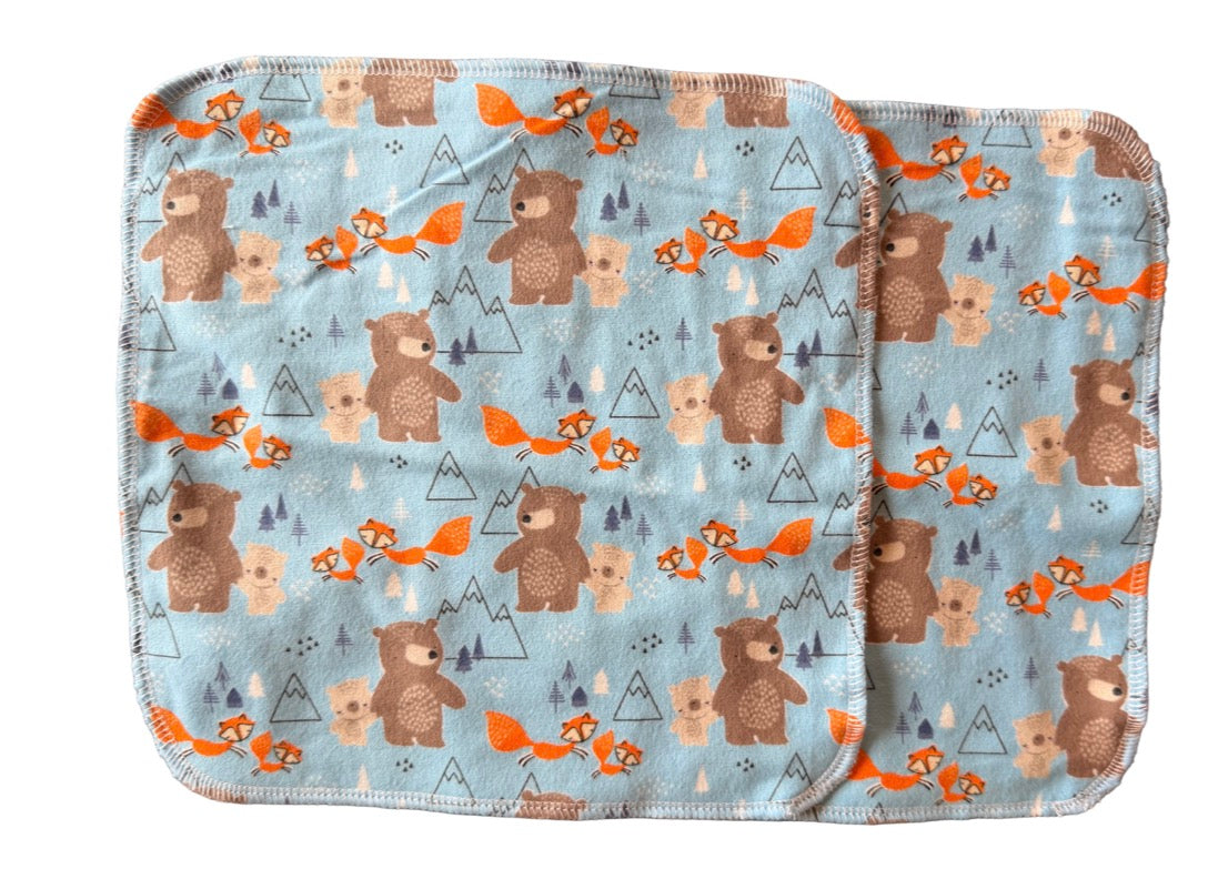 Set of 2 Bear & Fox 9x9 2ply flannel cloth wipes