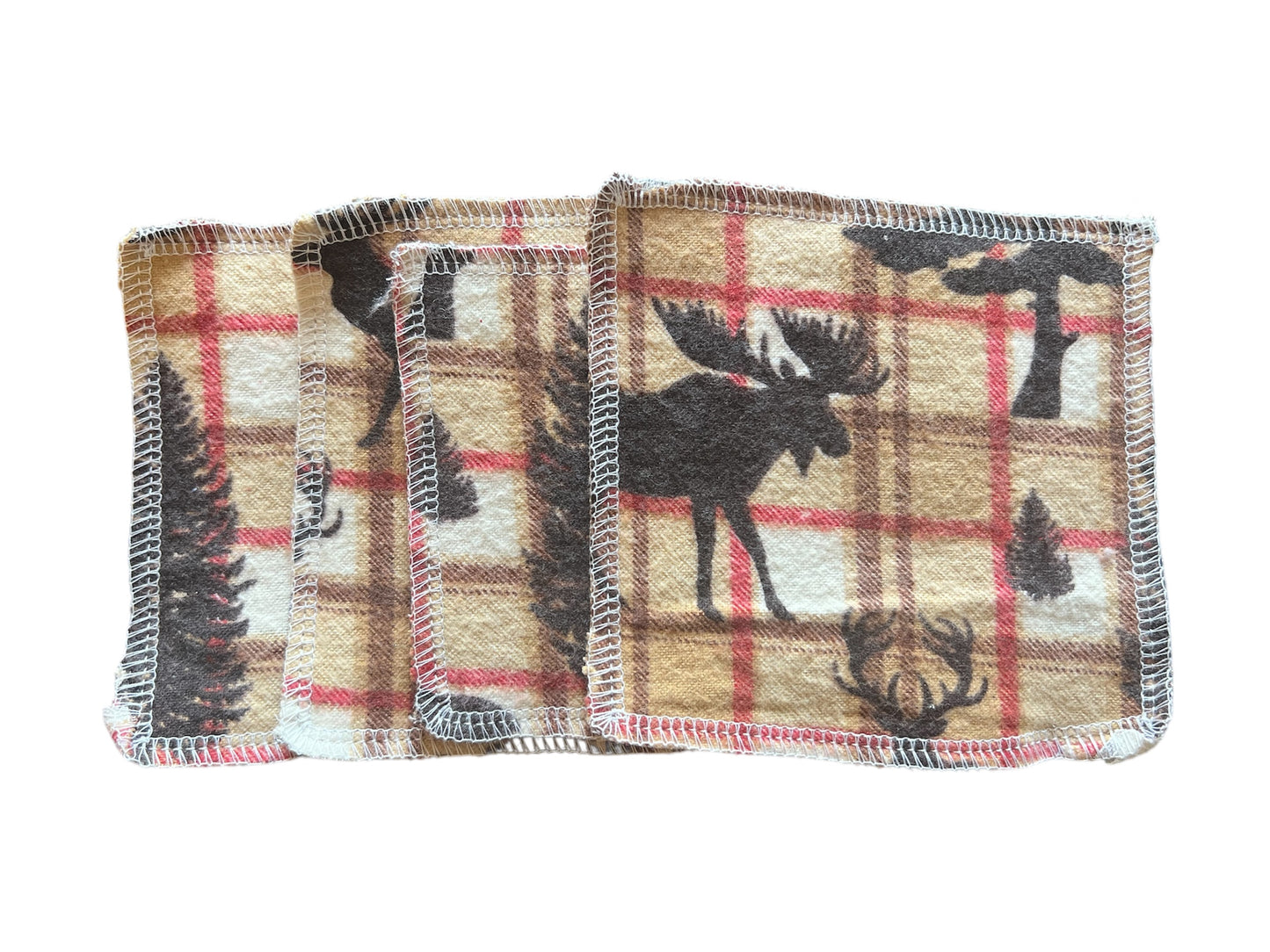 Set of 4 Plaid Moose theme 2ply flannel wipes / Face scrubbies