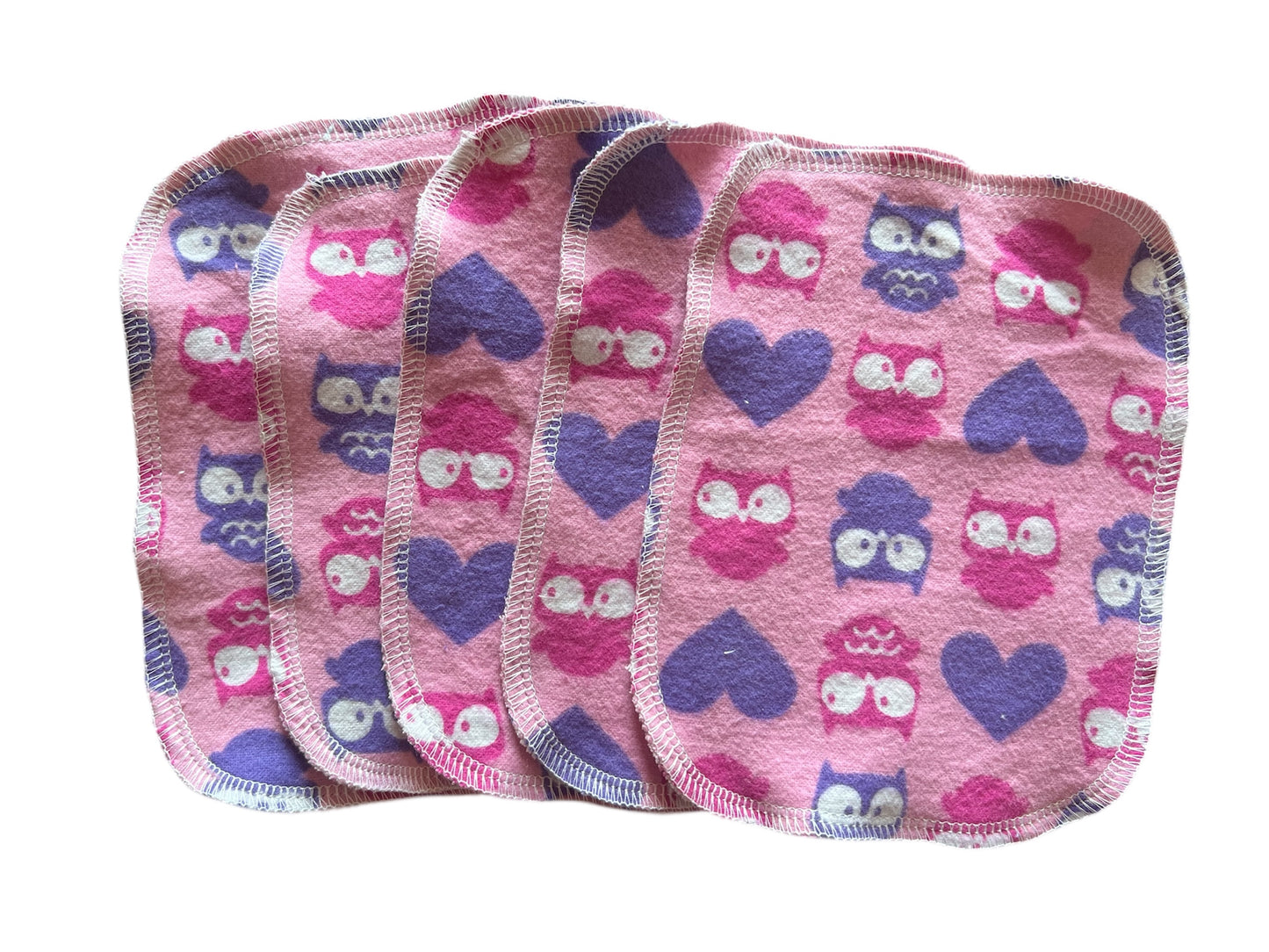 Set of 5 4x6 Cute Owls 2ply flannel wipes / Face scrubbies