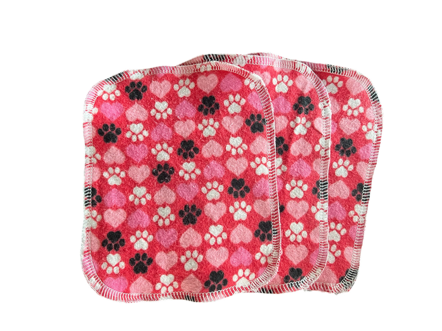 Set of 3 4x5 Paws & Hearts 2ply flannel wipes / Face scrubbies