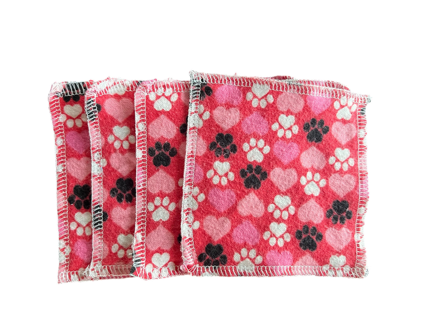 Set of 4 paws & hearts 2ply flannel wipes / Face scrubbies