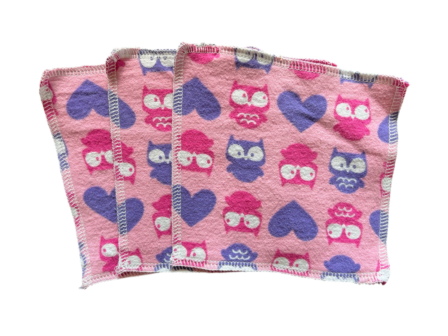 Set of 3 Pink Purple Owls 2ply flannel wipes / Face scrubbies
