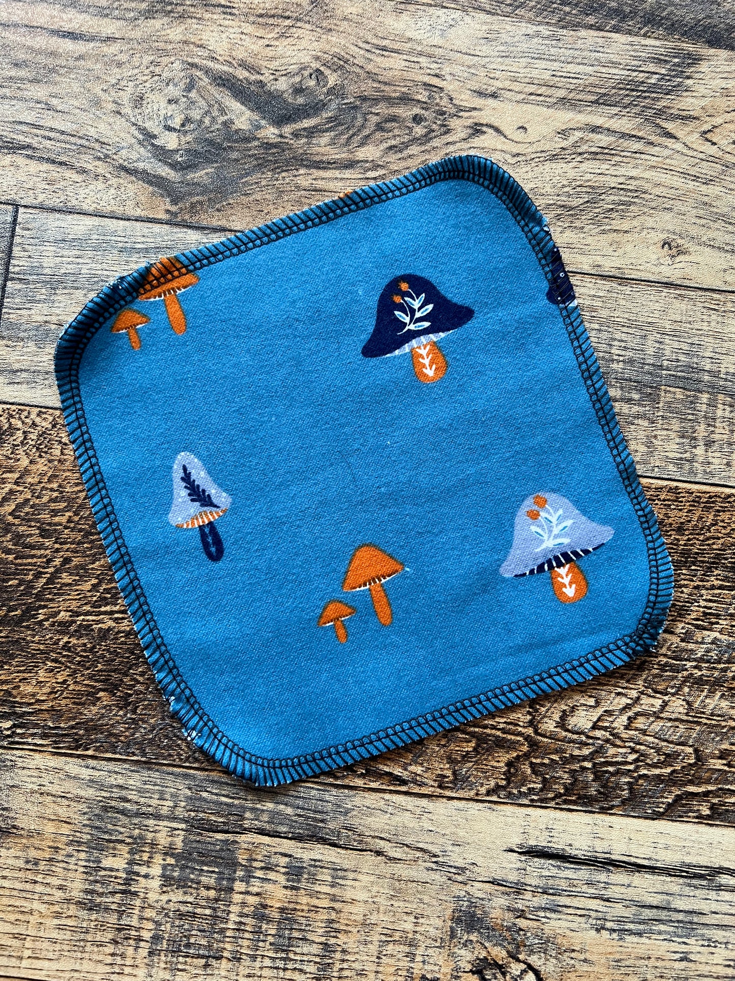 Mushrooms on Blue 2ply flannel cloth wipes