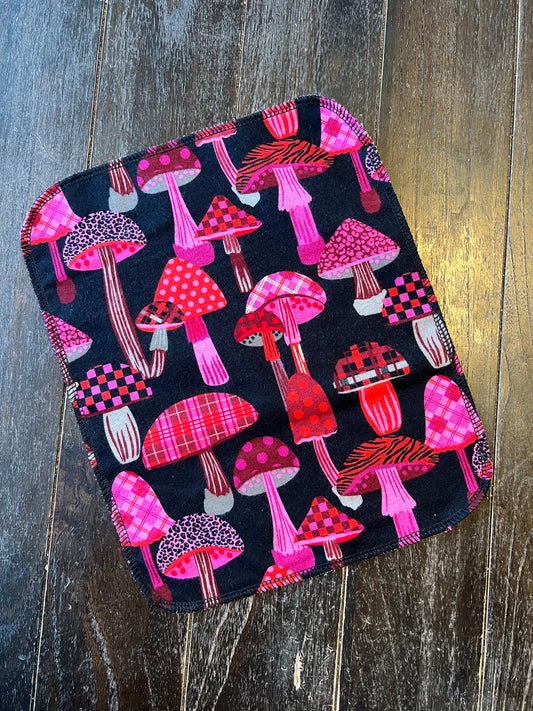 Patterned mushrooms on Black 1ply flannel reuseable paper towels