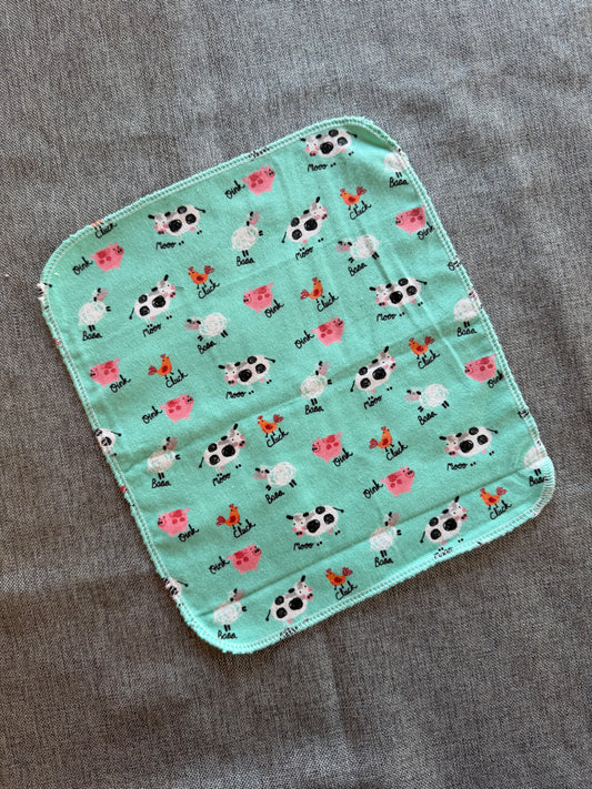 Cute Farm on Mint 1ply flannel reusable paper towels