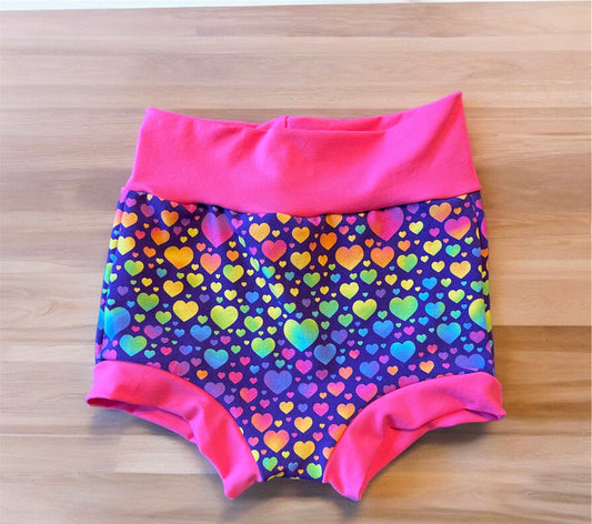 Rainbow Hearts on Purple 5/6 bummies