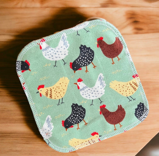 Chickens on Sage 2ply flannel cloth wipes