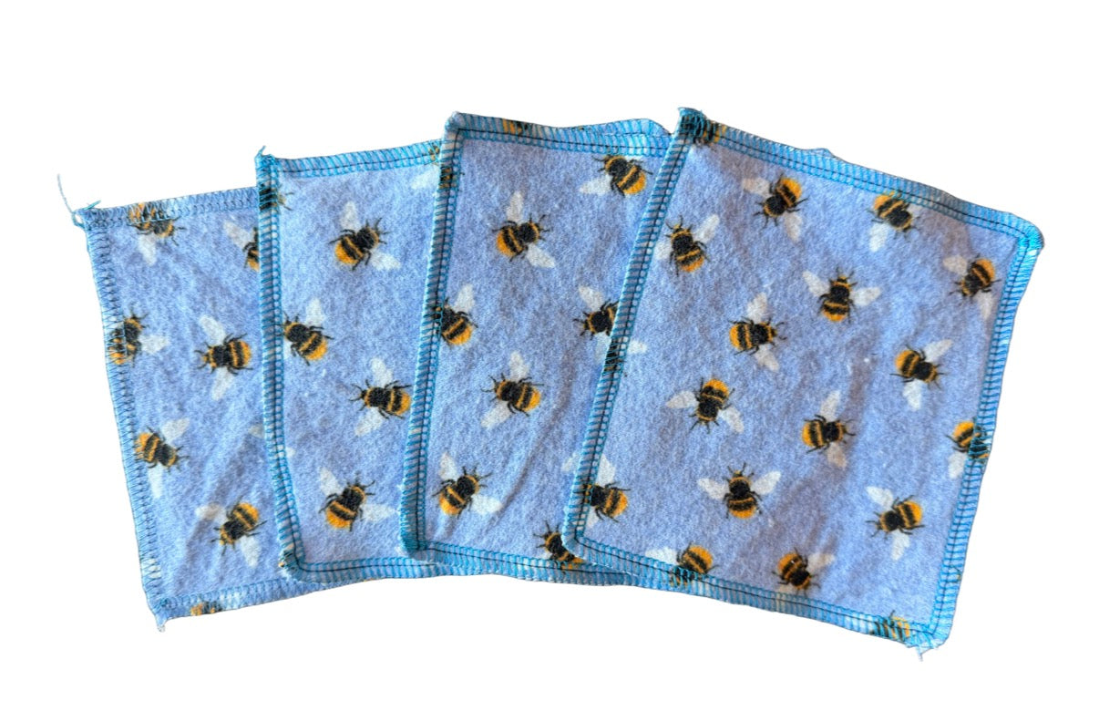Set of 4 Bees 2ply flannel mini wipes / Face scrubbies