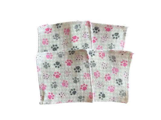 Set of 4 Paw Prints  2ply flannel mini wipes / Face scrubbies