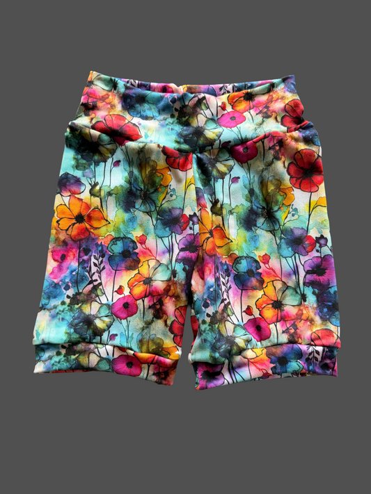 Alcohol Ink Floral shorts 6-9yr grow with me (longer length)