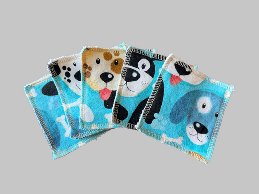 Set of 5 Dog theme 2ply flannel wipes / Face scrubbies Terry backed