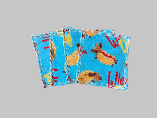 Set of 4 Weiner Dog theme 2ply flannel mini wipes / Face scrubbies