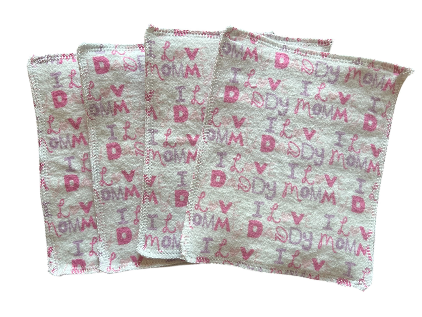 Set of 4 I love Mommy & Daddy  2ply flannel wipes / Face scrubbies