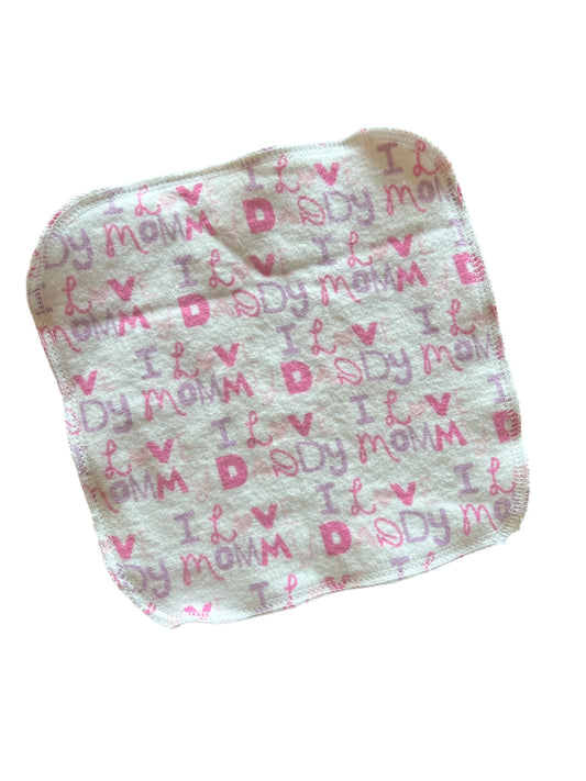 I love Mommy & Daddy Pink & Purple 2ply flannel cloth wipes