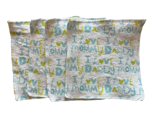 Set of 4 I love my Daddy & Mommy 2ply flannel wipes / Face scrubbies