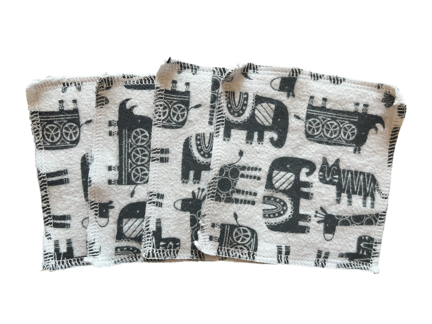 Set of 4 Black & White Animals 2ply flannel wipes / Face scrubbies