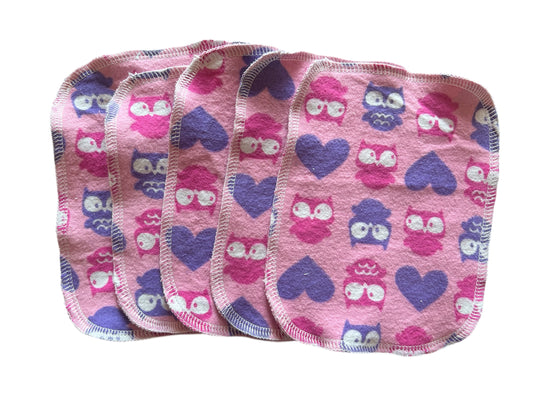 Set of 5 4x6 Cute Owls  2ply flannel wipes / Face scrubbies
