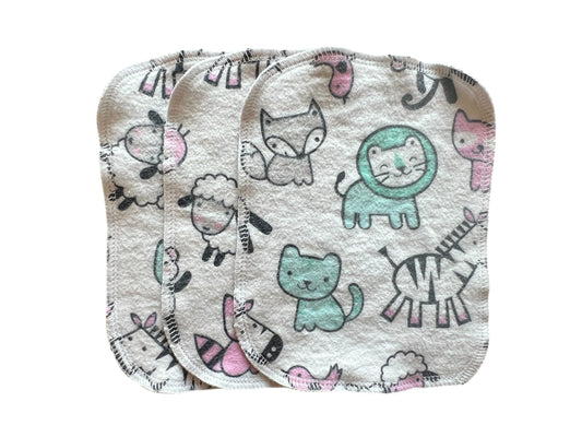 Set of 3 4x5 Cute Animals 2ply flannel wipes / Face scrubbies