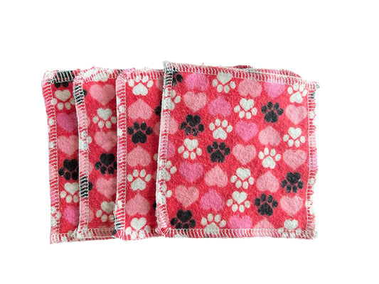 Set of 4 paws & hearts 2ply flannel wipes / Face scrubbies