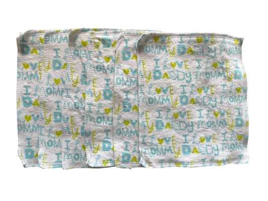 Set of 6 4x5 I love Daddy & Mommy 2ply flannel wipes / Face scrubbies