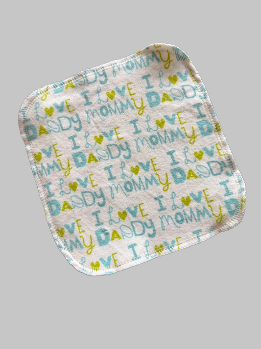 I love Mommy Daddy Blue Green  2ply flannel cloth wipes