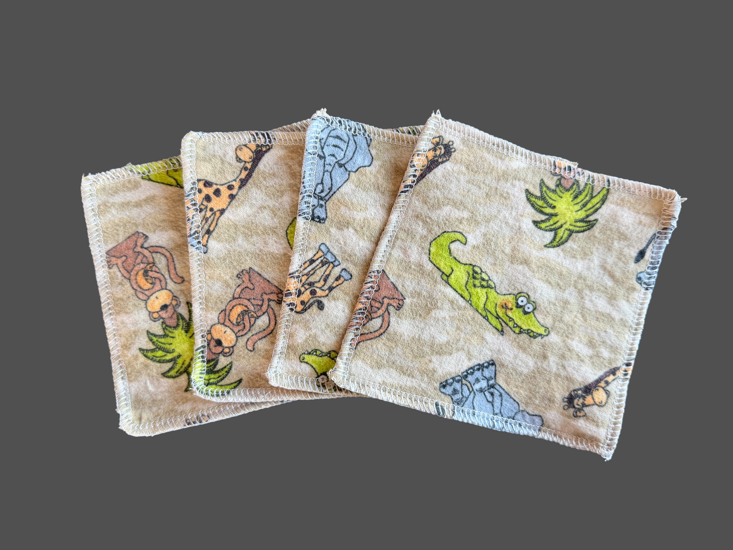 Set of 4 Zoo theme 2ply flannel mini wipes / Face scrubbies