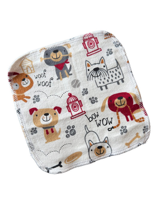 Cartoon dogs on white 2ply flannel cloth wipes