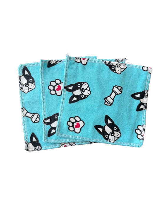 Set of 3 Frenchie Dogs 2ply flannel mini wipes / Face scrubbies