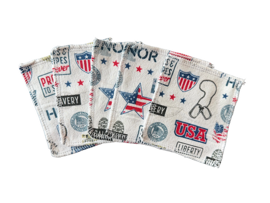 Set of 5 USA Patriotic 2ply flannel mini wipes / Face scrubbies