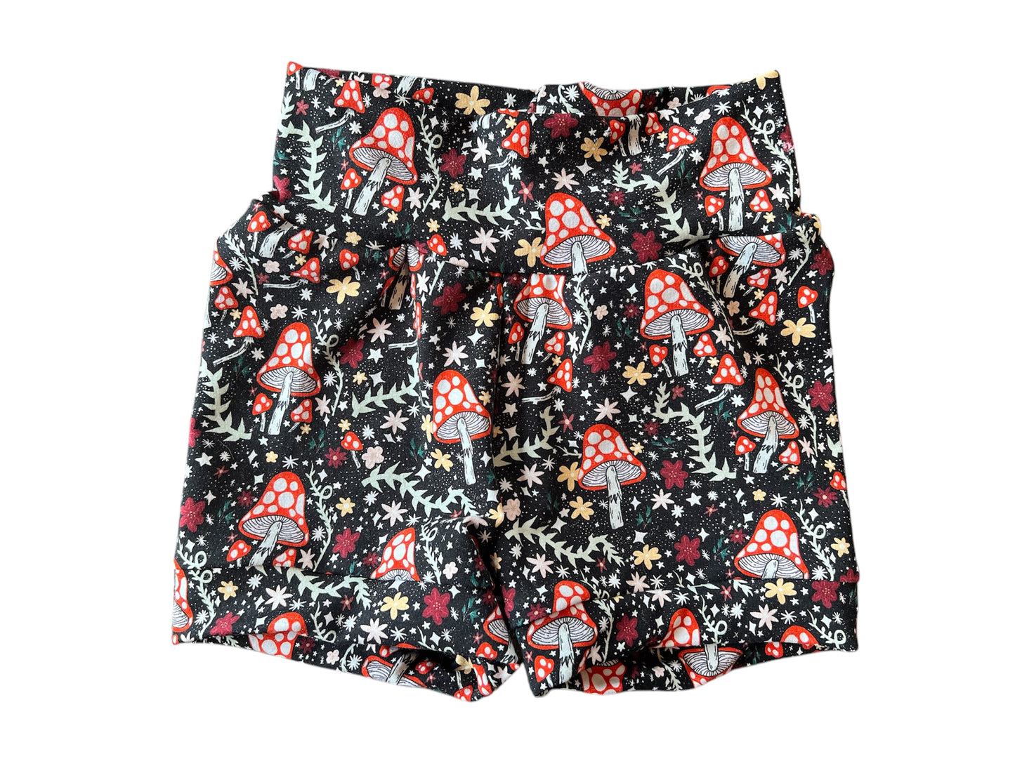 Mushrooms on Black  12m-3t grow with me shorty shorts (shorter length) bamboo